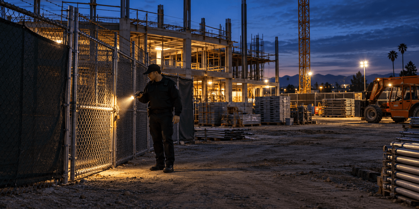 Security officer checking the perimeter gate of a construction site after sunset