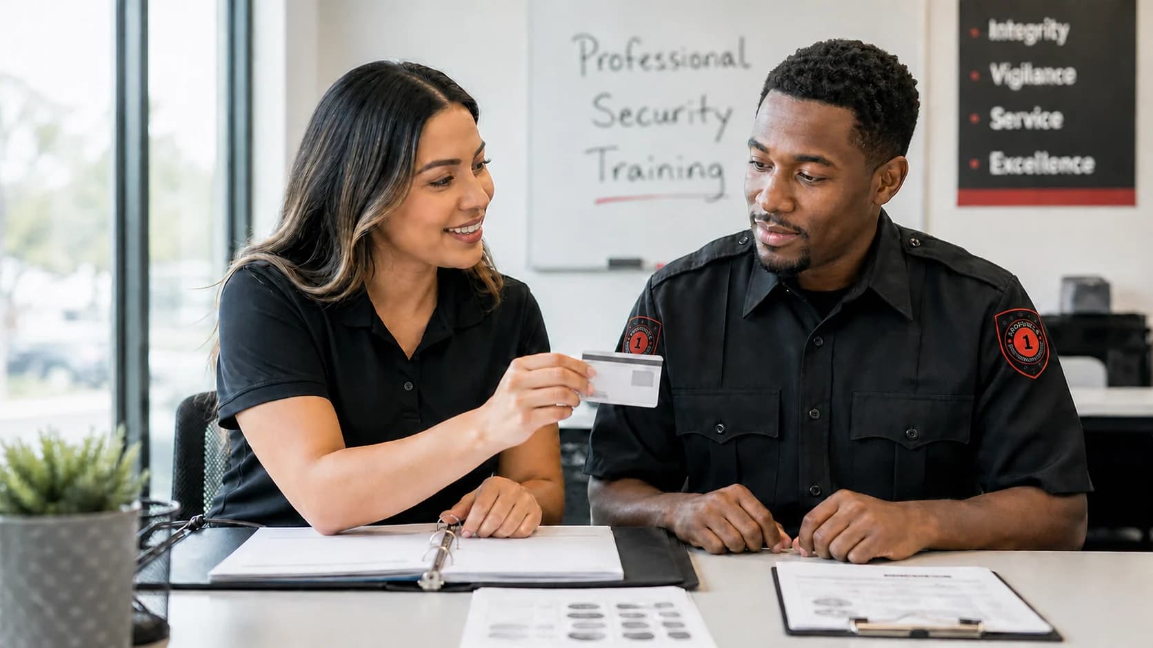 Security officer reviewing a Guard Card credential during California compliance training